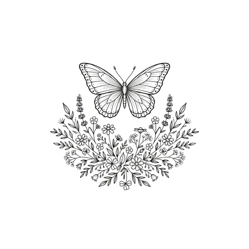 Fine line tattoo design of a small butterfly over a band of wildflowers