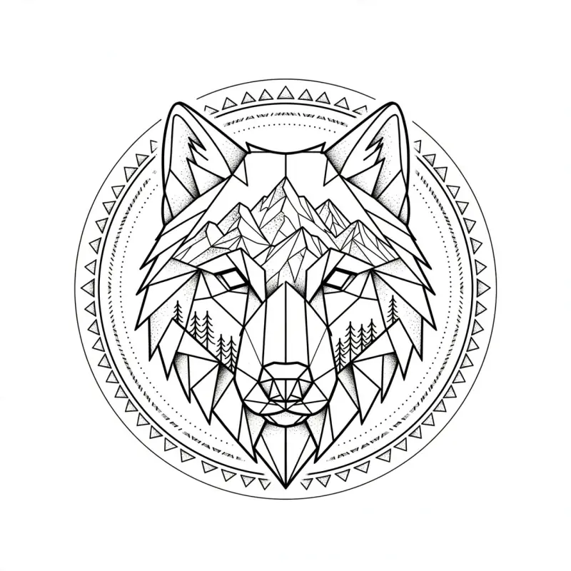 Geometric tattoo design of a wolf head with mountains inside, in a dotted circle