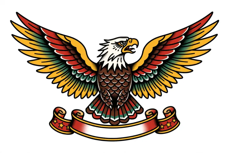 Traditional tattoo design of an eagle with open wings over an empty banner