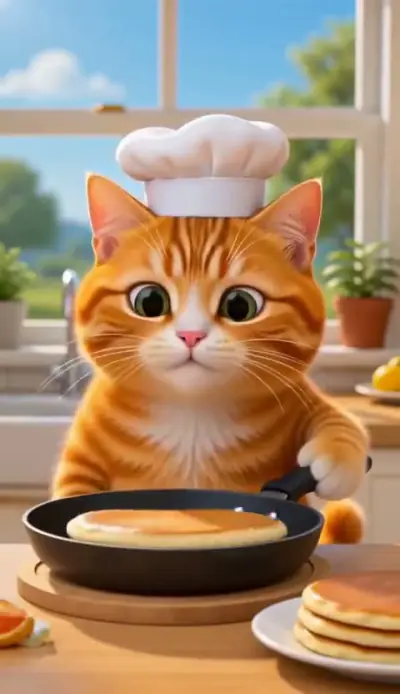 A cat in a tiny chef hat in a sunny kitchen