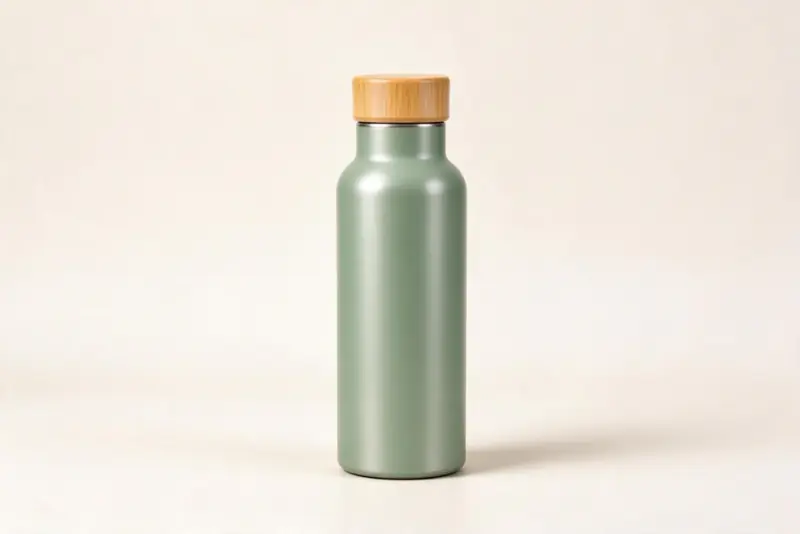 The input: a studio photo of a sage green steel water bottle with a bamboo cap on a plain background