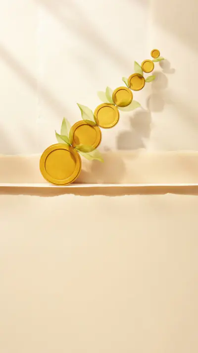 A narrated vertical Short explaining compound interest with paper-craft coins and captions