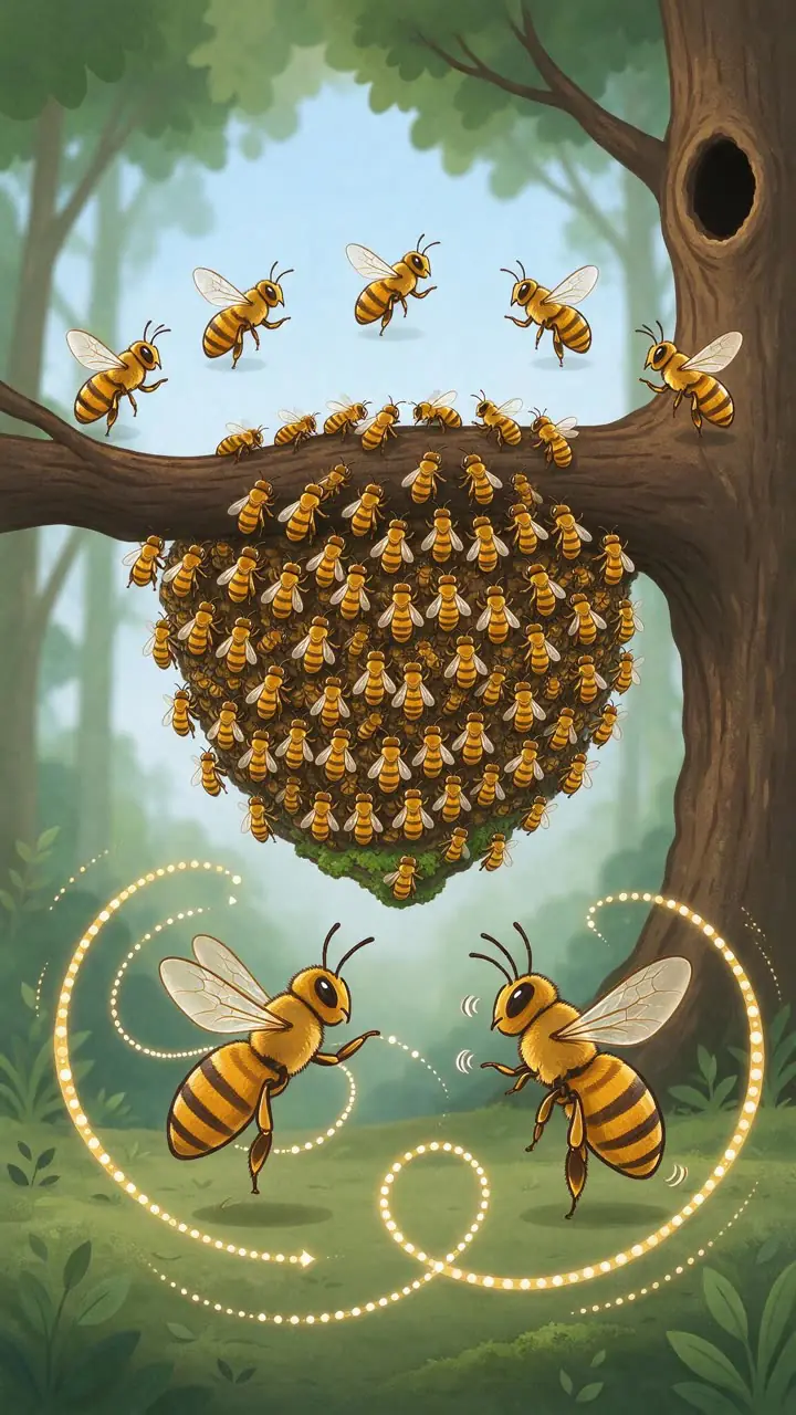Vertical cartoon scene: honeybees dancing in front of a swarm on a tree branch