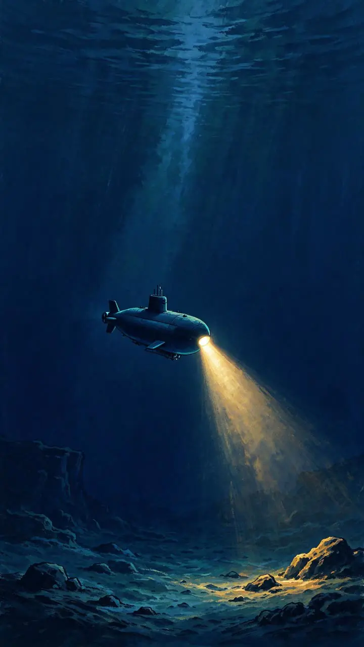 Vertical painted scene: a small submarine lights up the dark sea floor
