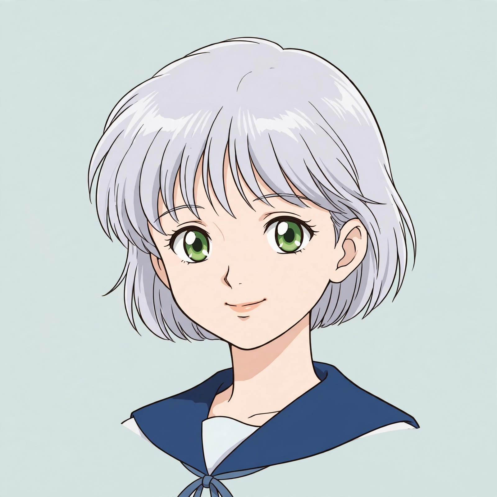 Anime profile picture of a girl with short silver hair and green eyes, smiling, on a soft background