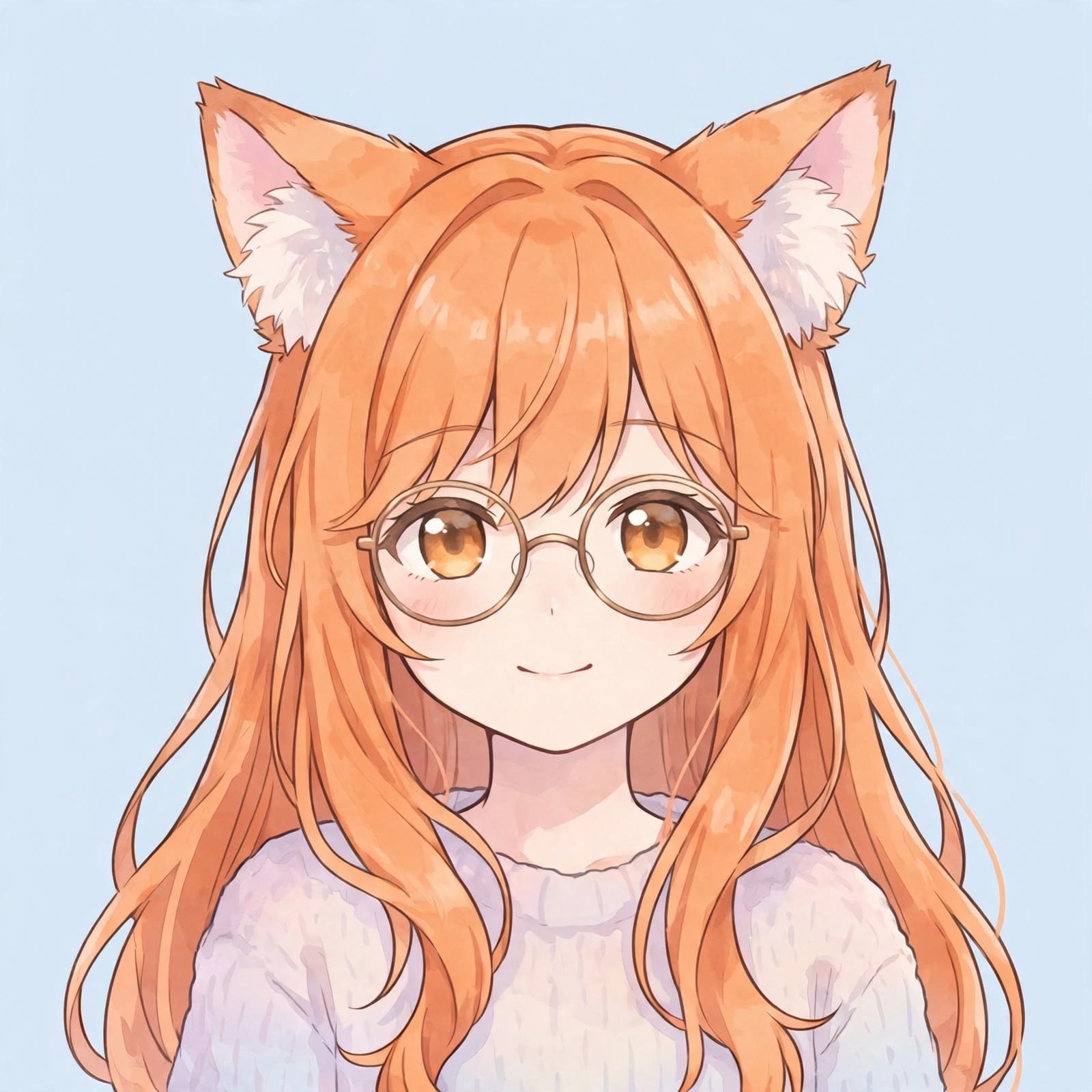 Soft pastel anime profile picture of a fox-eared girl with long orange hair and round glasses