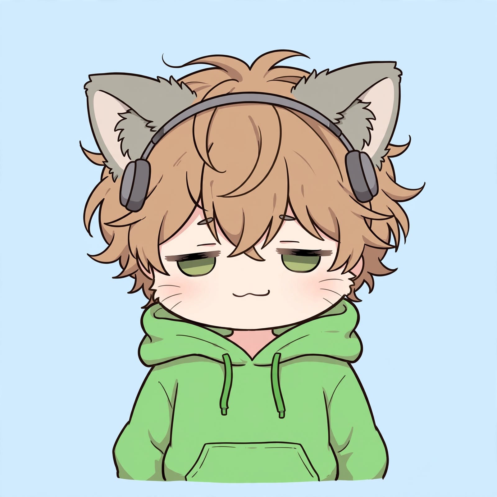 Chibi profile picture of a sleepy cat boy in a green hoodie wearing tiny headphones
