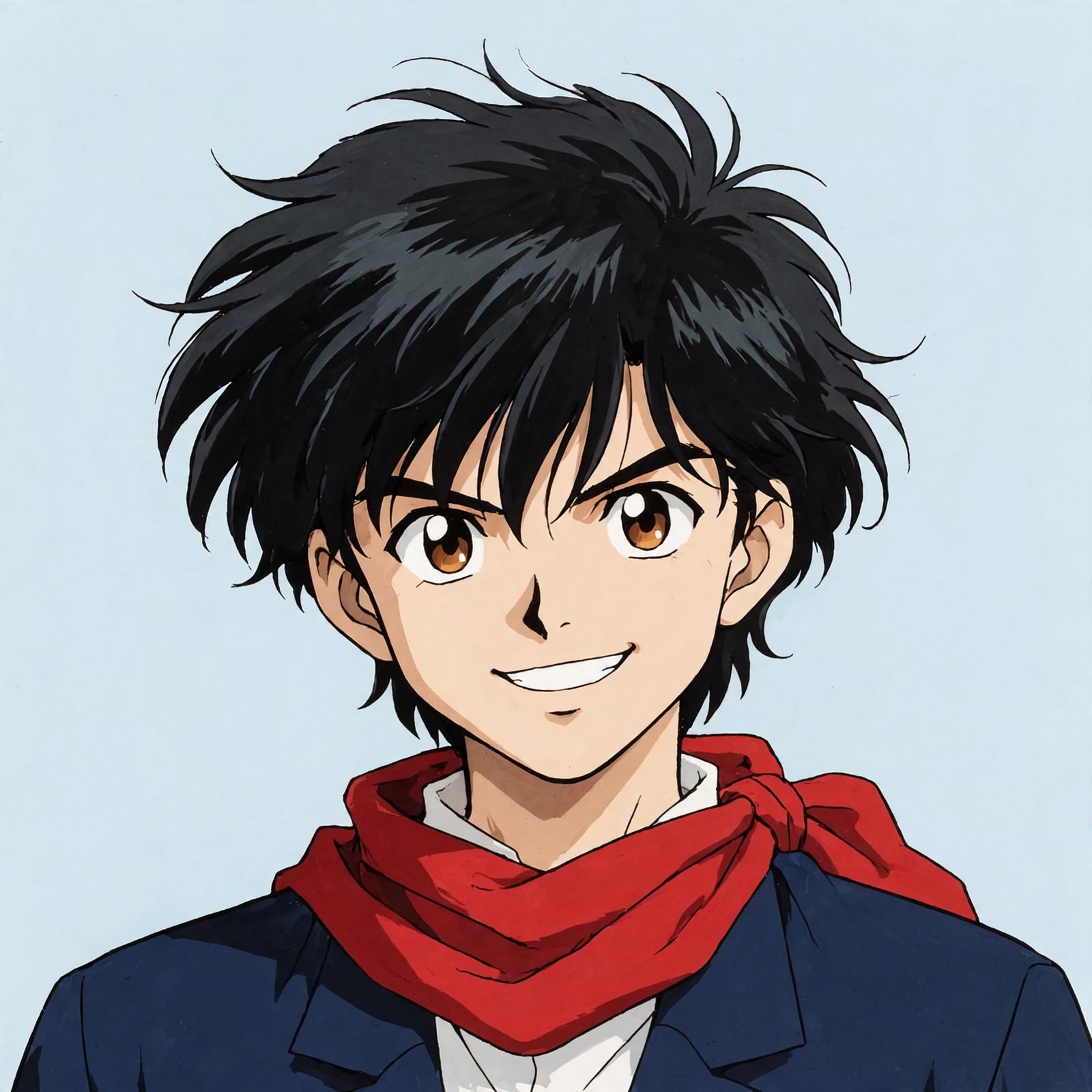 90s cel anime profile picture of a boy with messy black hair and a red scarf, grinning