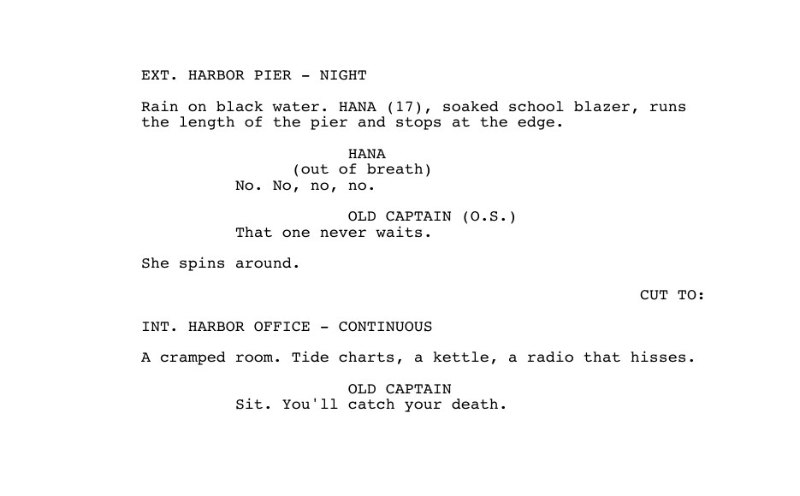 The first page of the PDF the converter made from a short Fountain scene, in 12 point Courier with standard margins