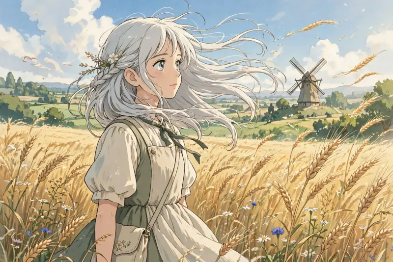 Anime girl with silver hair in a sunlit wheat field with a windmill behind her