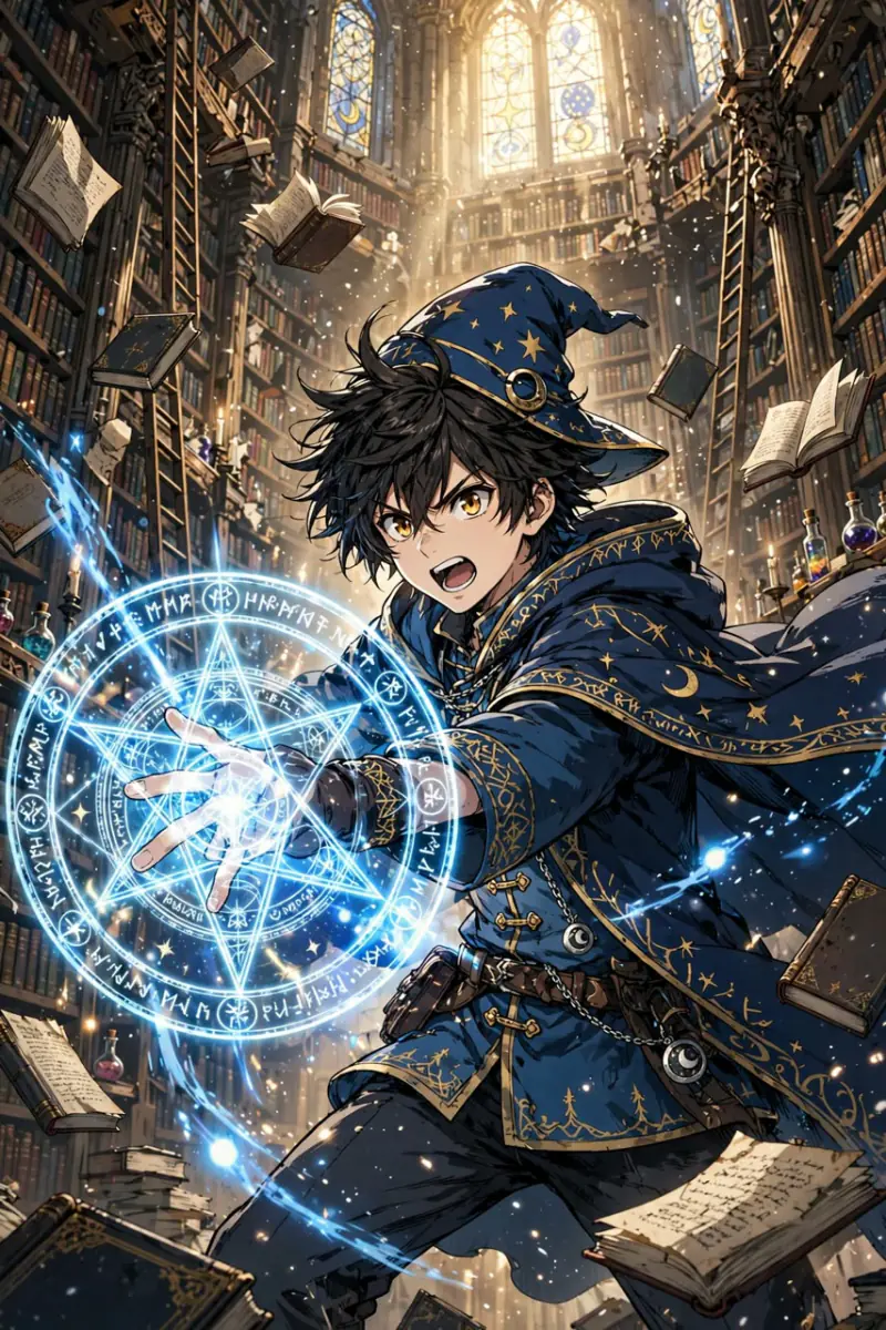 Young anime wizard casting a glowing spell circle in an old library with floating books