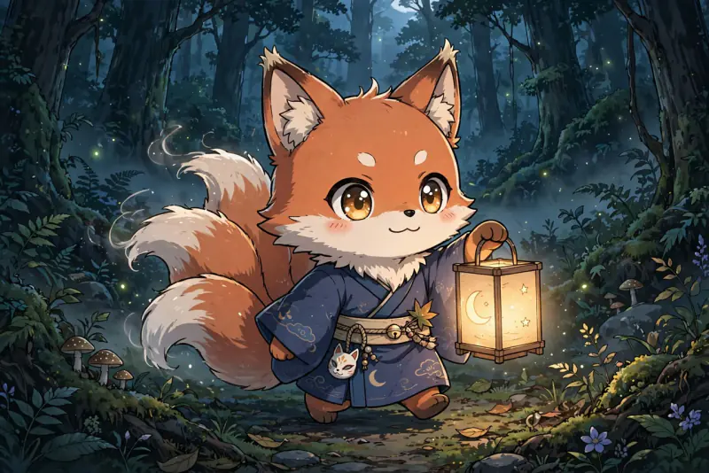 Chibi fox spirit in a kimono carrying a paper lantern through a dark forest