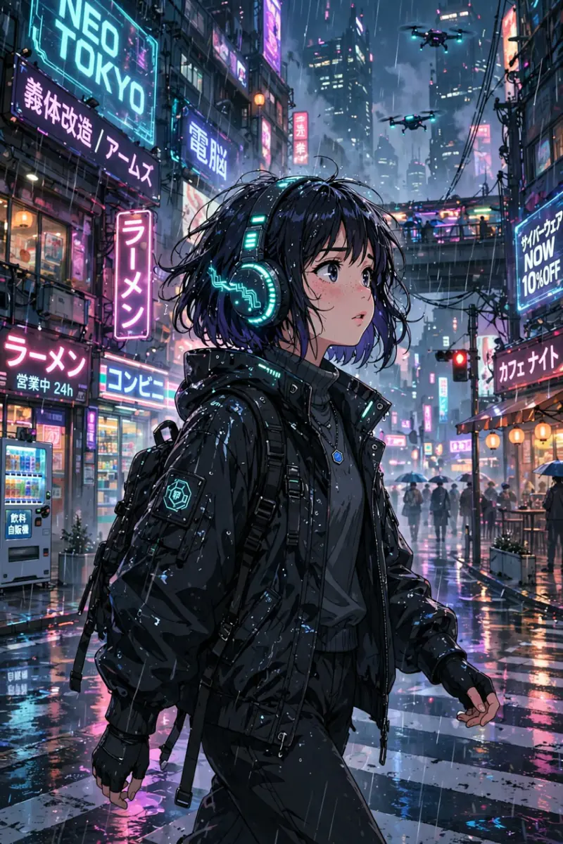 Anime girl with glowing headphones walking through a rainy neon city