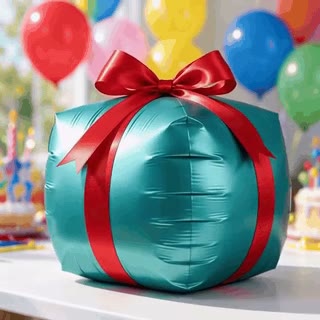 A teal gift box with a red ribbon swelling like a balloon, as an MP4 that plays twice