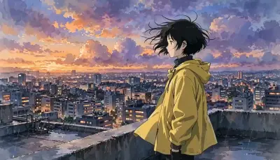 An anime girl in a yellow raincoat on a rooftop at dusk
