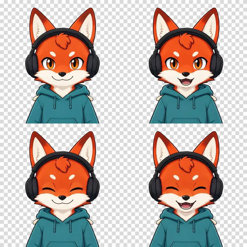 An original cartoon fox streamer character in four PNGTuber states: idle, talking, blink idle and blink talking