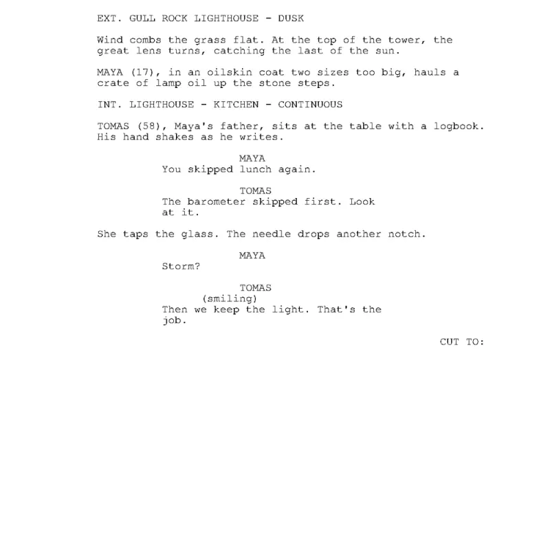 The first page of the PDF the formatter made from the sample: two scene headings, action, and a short exchange between Maya and Tomas