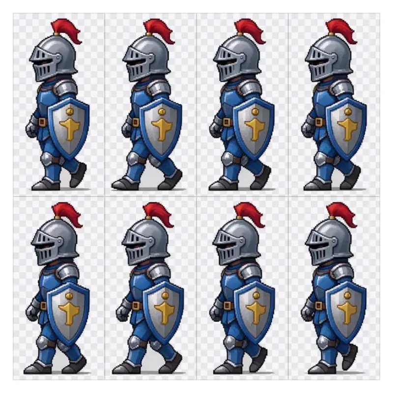 Sprite sheet of a small knight in blue armor walking: eight frames on a 4 by 2 grid with a transparent background