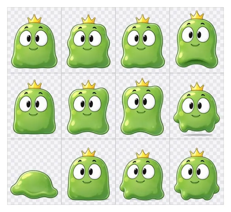 Sprite sheet of a green slime with a tiny crown: twelve idle frames on a 4 by 3 grid