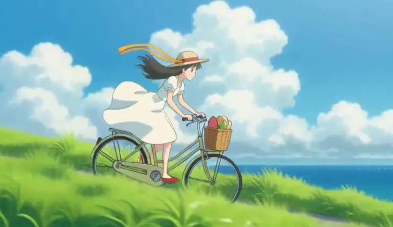 A 2D anime girl in a white dress and a straw hat rides a bicycle down a grassy hill toward the sea