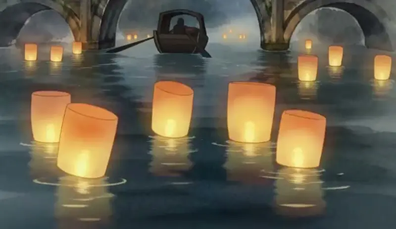Paper lanterns rise from a dark river past a stone bridge at night, painted in watercolor