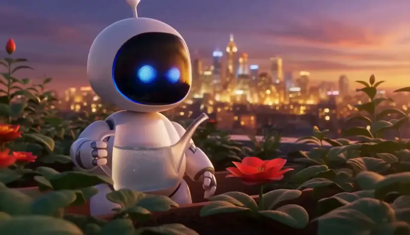 A small white robot pours water on a red flower in a rooftop garden with a city glowing behind it