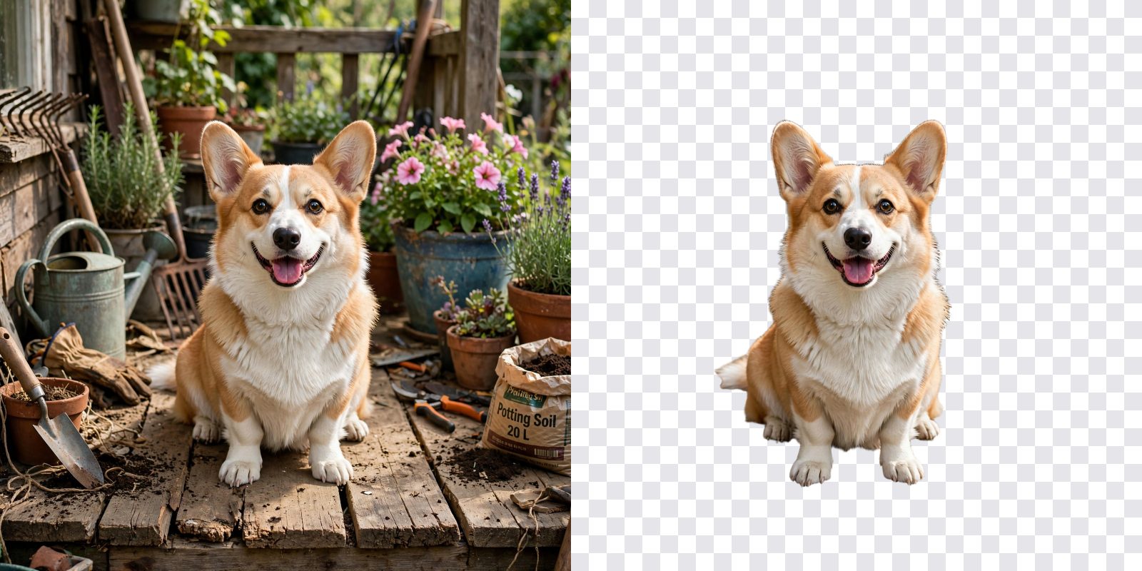 Before and after: a corgi on a lawn, then the same corgi cut out on a checkerboard