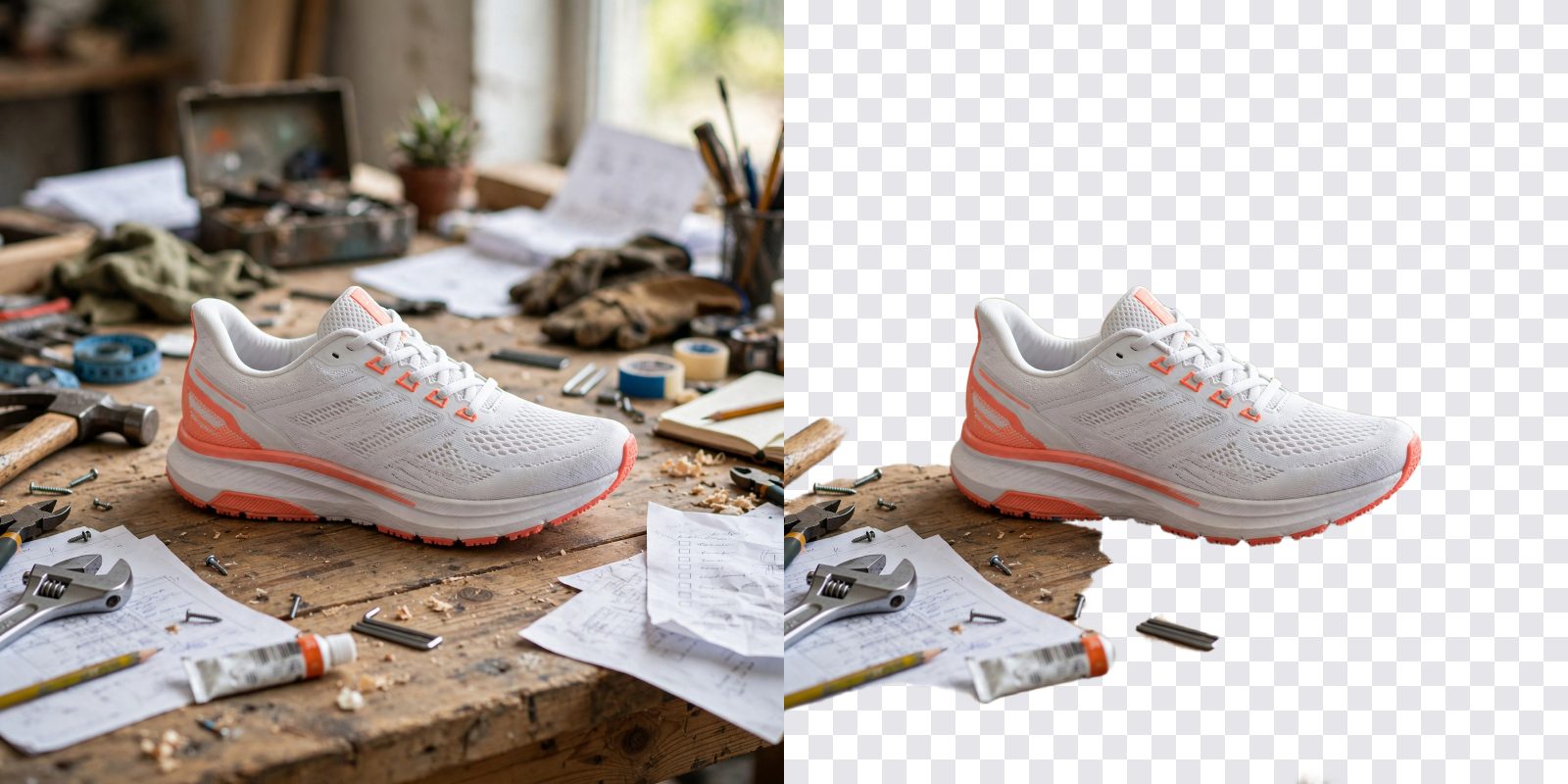 Before and after: a sneaker on a messy table, then the sneaker alone on a checkerboard