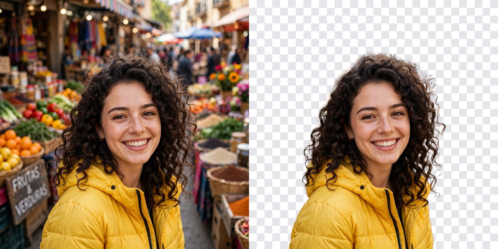 Before and after: a smiling woman in front of a plain wall, then the woman alone on a checkerboard