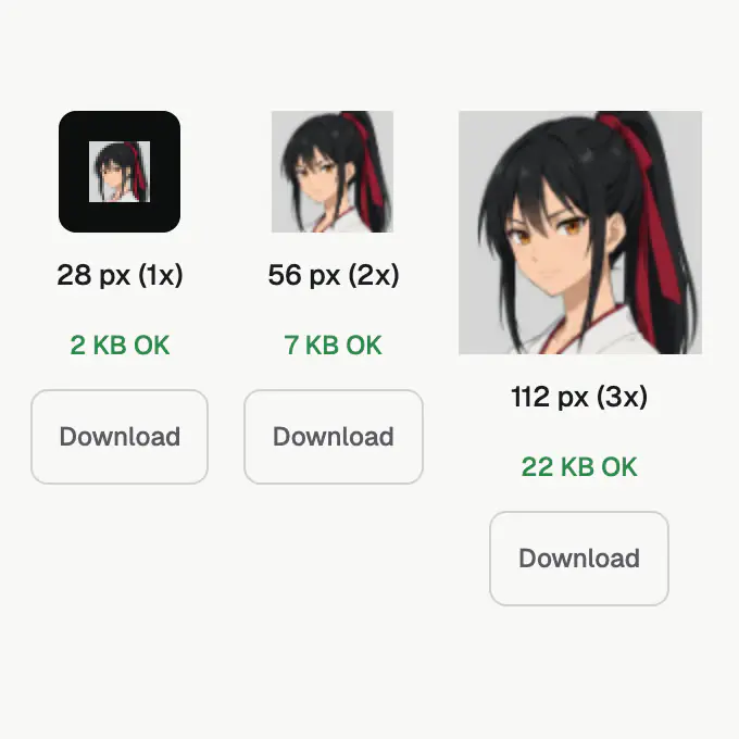 The resizer output: one character portrait as 28, 56 and 112 px Twitch emotes with file-size checks