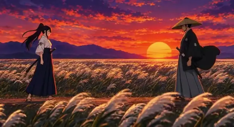 Two swordsmen stand in tall grass at sunset while the camera orbits left, made by Grok Imagine 1.5 Lite