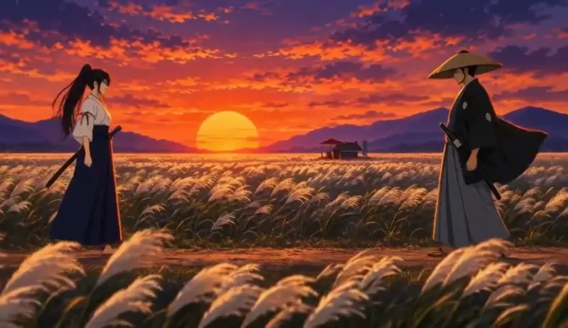 Two swordsmen stand in tall grass at sunset while the camera orbits left
