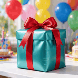 A teal gift box with a red ribbon swelling like a balloon, as a looping GIF