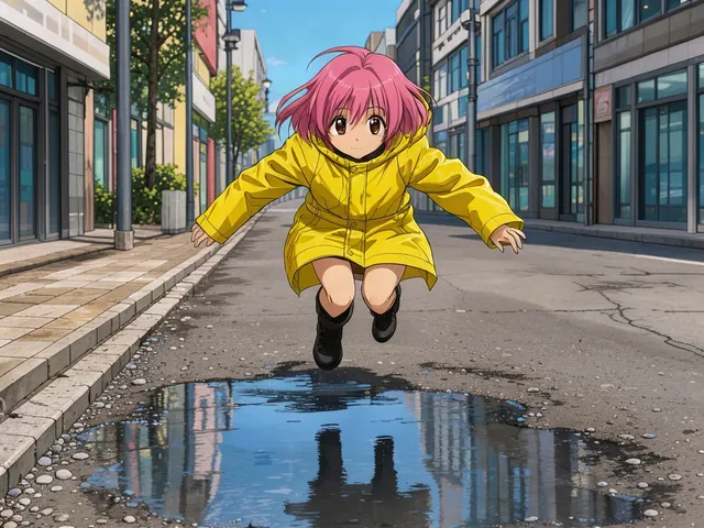 FLUX 3 Klein: Anime key art: a girl with short pink hair in a yellow raincoat jumps over a puddle on a sunny street, cel shading, clea