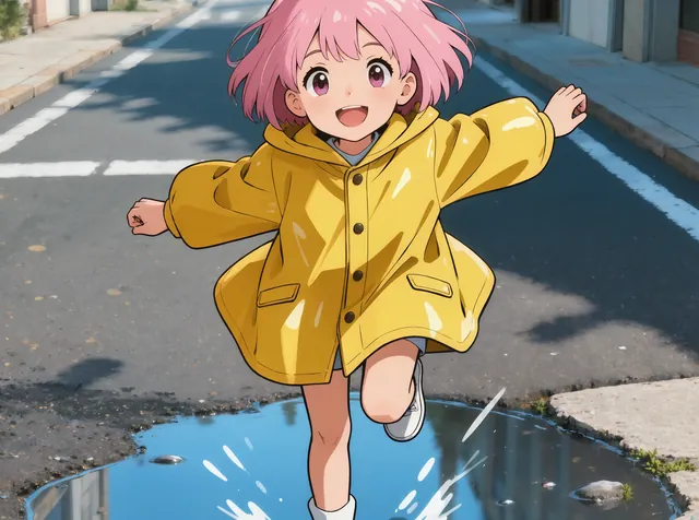 Kling Image O3: Anime key art: a girl with short pink hair in a yellow raincoat jumps over a puddle on a sunny street, cel shading, clea