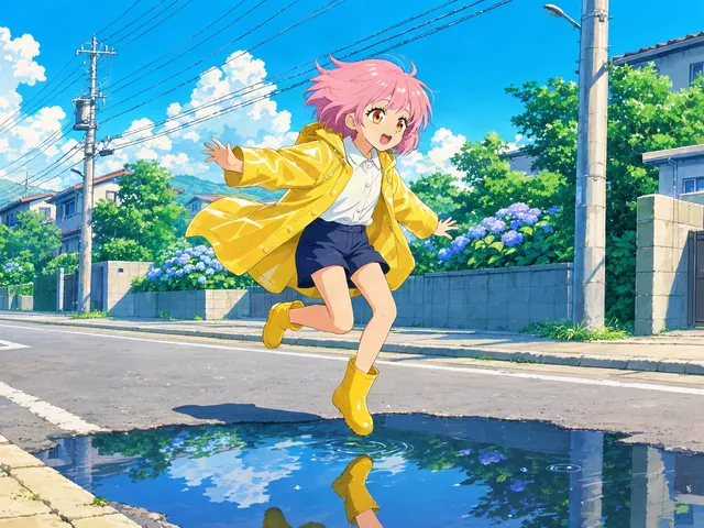 Krea 3: Anime key art: a girl with short pink hair in a yellow raincoat jumps over a puddle on a sunny street, cel shading, clea
