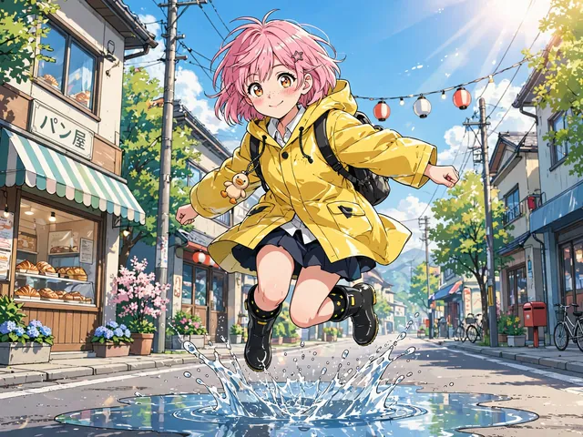 Meta Muse Image: Anime key art: a girl with short pink hair in a yellow raincoat jumps over a puddle on a sunny street, cel shading, clea