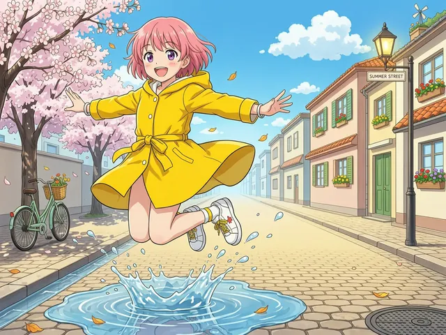 Wan 2.7 Image: Anime key art: a girl with short pink hair in a yellow raincoat jumps over a puddle on a sunny street, cel shading, clea