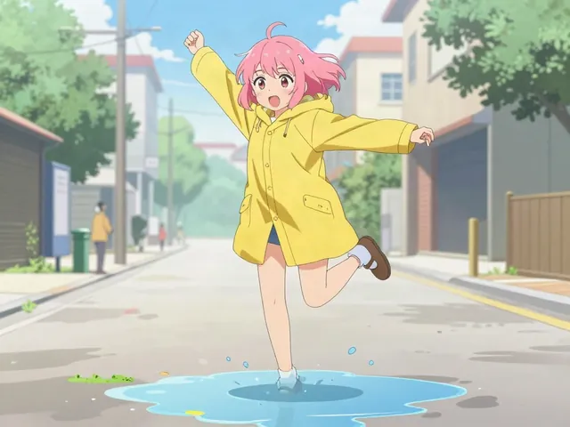 Z-Image Turbo: Anime key art: a girl with short pink hair in a yellow raincoat jumps over a puddle on a sunny street, cel shading, clea