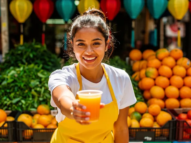 FLUX.2 Pro: A smiling woman in a yellow apron hands a paper cup of mango juice across a colorful street market stall, strings of pap
