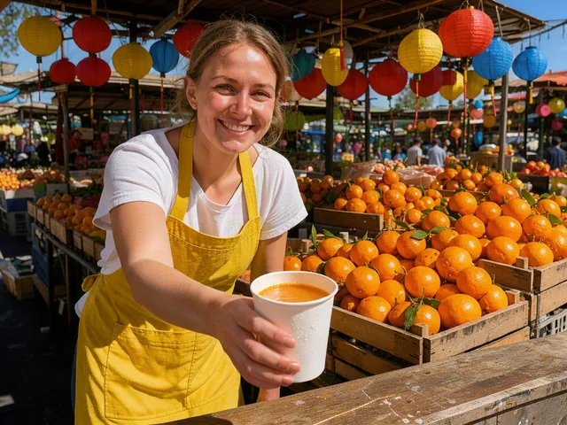 FLUX 3 Klein: A smiling woman in a yellow apron hands a paper cup of mango juice across a colorful street market stall, strings of pap