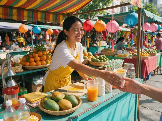 FLUX 3: A smiling woman in a yellow apron hands a paper cup of mango juice across a colorful street market stall, strings of pap