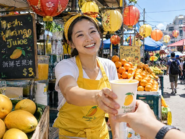 GPT Image 2.5: A smiling woman in a yellow apron hands a paper cup of mango juice across a colorful street market stall, strings of pap