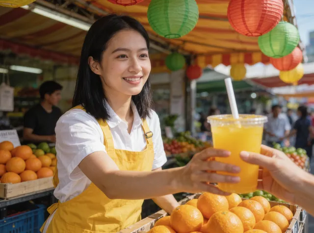 Kling Image O3: A smiling woman in a yellow apron hands a paper cup of mango juice across a colorful street market stall, strings of pap