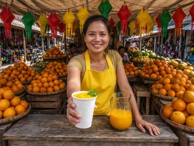 Krea 3: A smiling woman in a yellow apron hands a paper cup of mango juice across a colorful street market stall, strings of pap