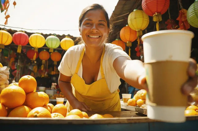 Luma Uni-1: A smiling woman in a yellow apron hands a paper cup of mango juice across a colorful street market stall, strings of pap