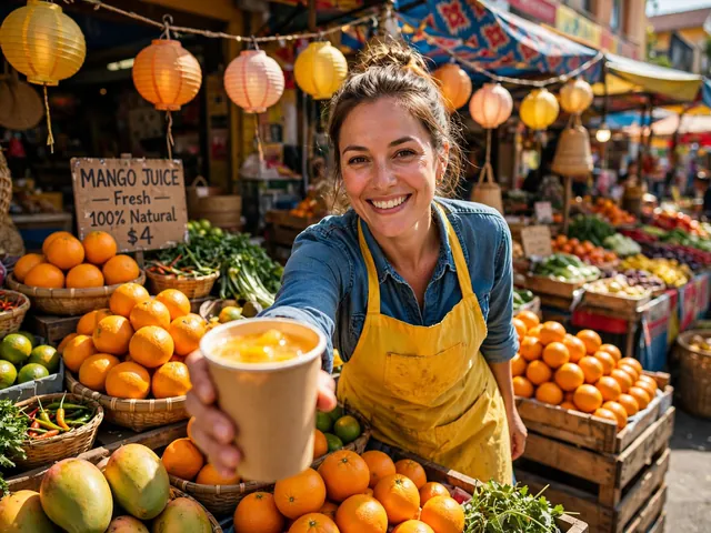 Meta Muse Image: A smiling woman in a yellow apron hands a paper cup of mango juice across a colorful street market stall, strings of pap