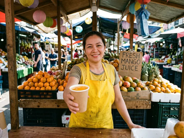 Nano Banana 2.1: A smiling woman in a yellow apron hands a paper cup of mango juice across a colorful street market stall, strings of pap