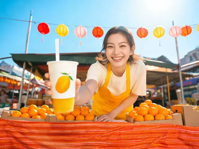 Seedream 5.0 Lite: A smiling woman in a yellow apron hands a paper cup of mango juice across a colorful street market stall, strings of pap