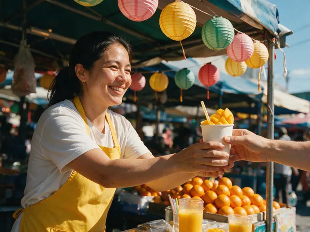 Seedream 5.0 Pro: A smiling woman in a yellow apron hands a paper cup of mango juice across a colorful street market stall, strings of pap